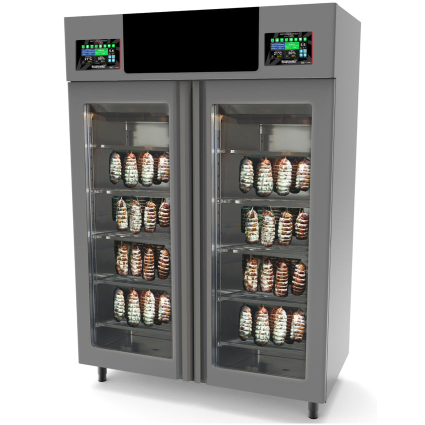 Omcan 41262 | 57" Wide StagionelloEvo Twin Meat Curing Cabinet w/ ClimaTouch & Fumotic