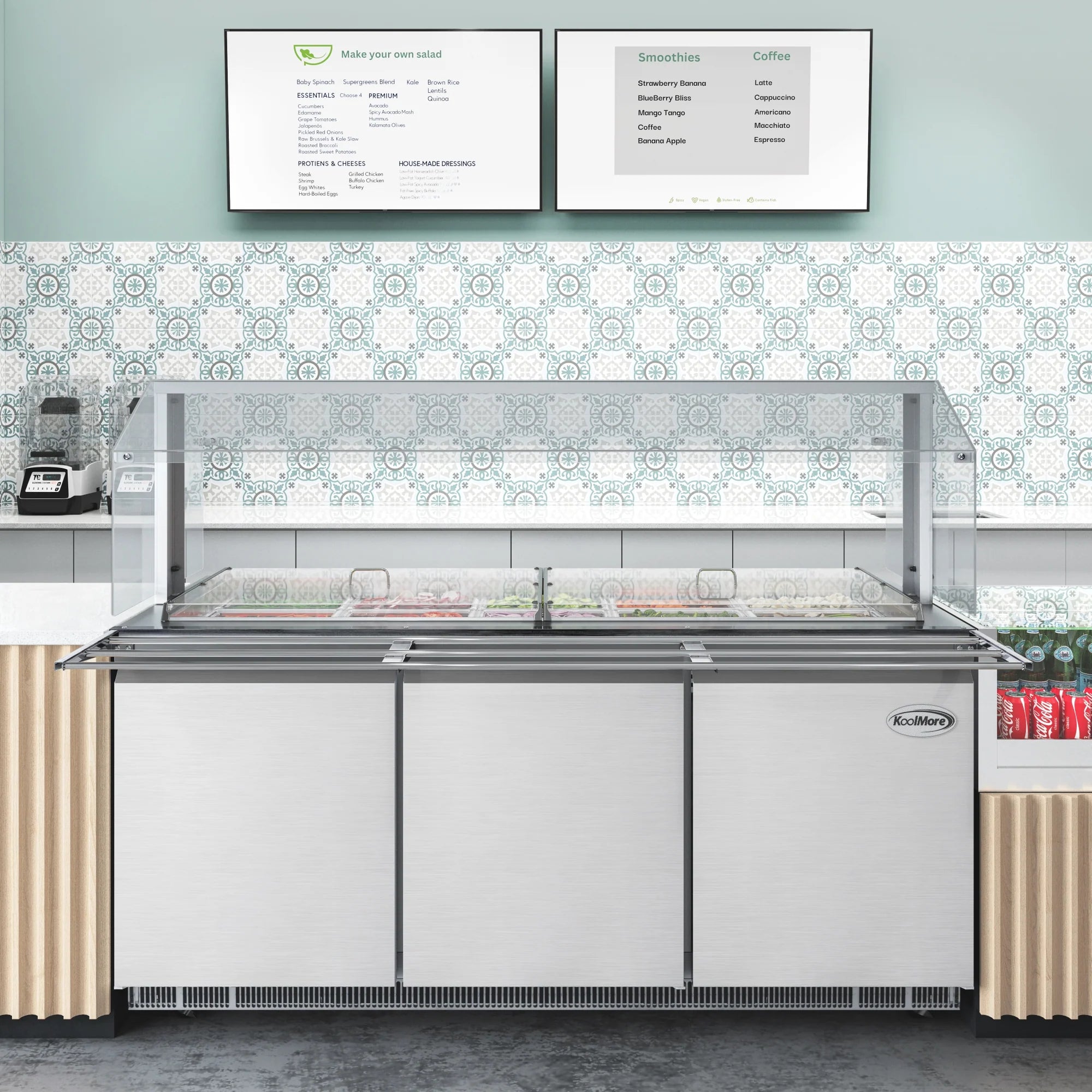 Koolmore KM-RBT-72CSFG | 72" Wide 15 Pan Prep Table w/ Sneeze Guard