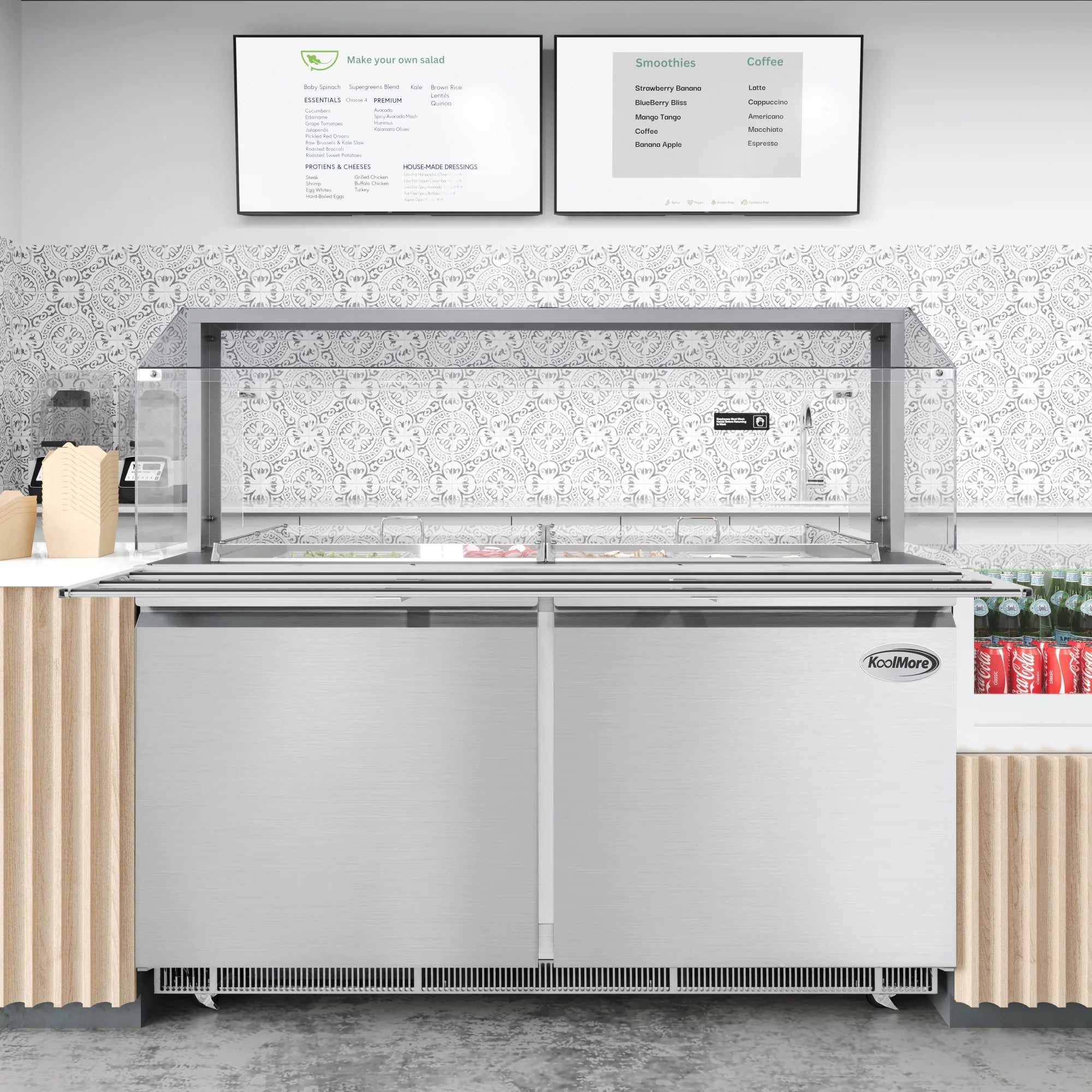 Koolmore KM-RBT-60CSFG | 60" Wide 12 Pan Prep Table w/ Sneeze Guard