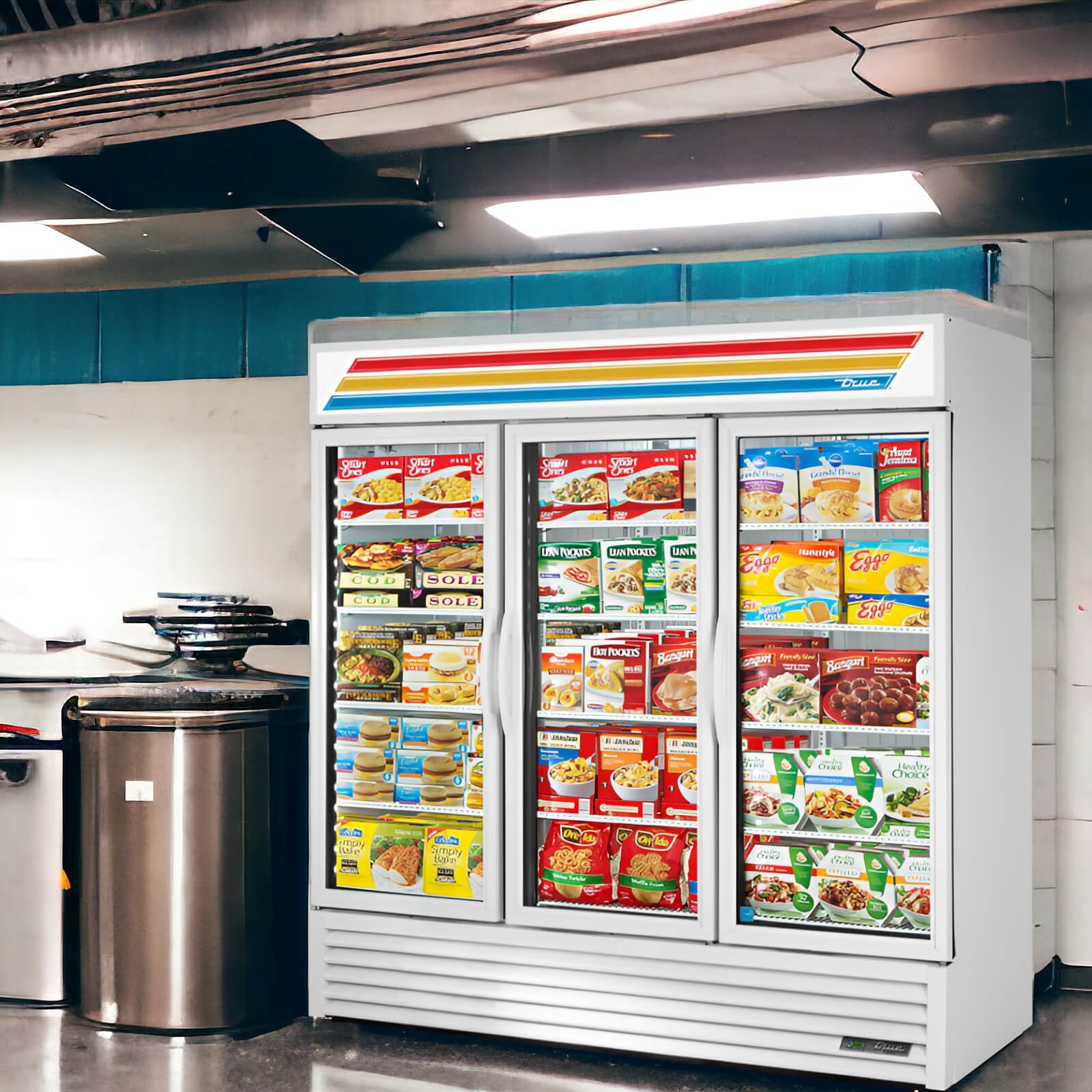 True GDM-72F-HC~TSL01 | 78" Wide 3 Swing Door White Merchandiser Freezer