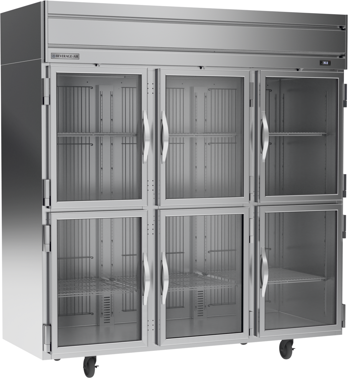 Beverage Air HRPS3HC-1HG | 78" Wide 6 Glass Door Top Mount Reach-In Refrigerator Horizon Series