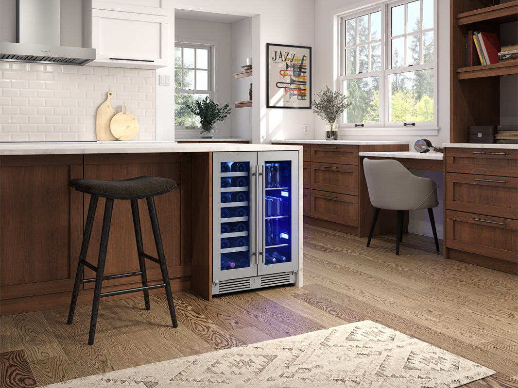 Zephyr PRWB24C32CG | 24" Wide Dual Zone Stainless Steel 64 Can/21 Bottle Beverage & Wine Fridge