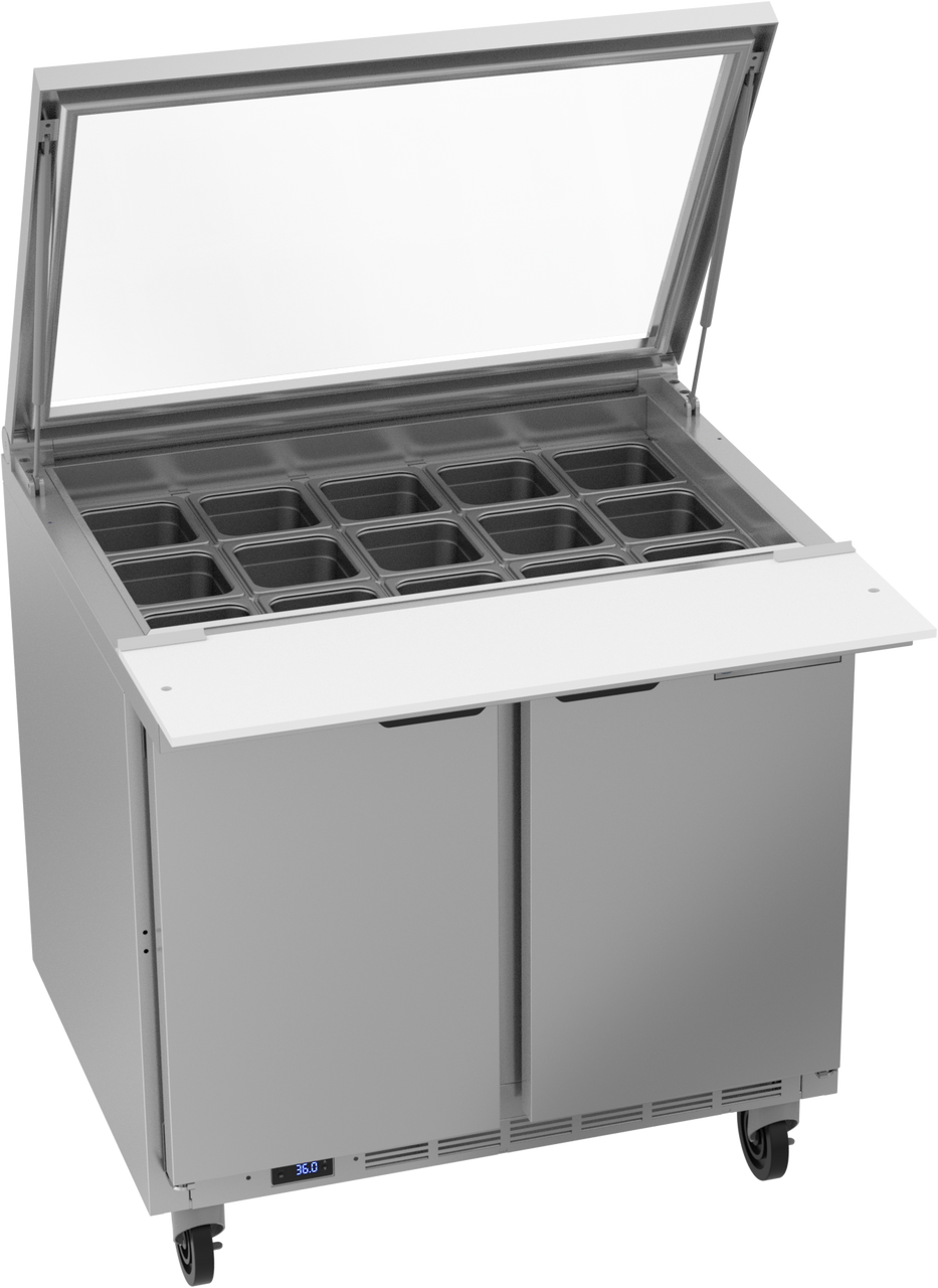 Beverage Air SPE36HC-15M-STL | 36" Wide 2 Door 15 Pan Mega Top Sandwich Prep Table