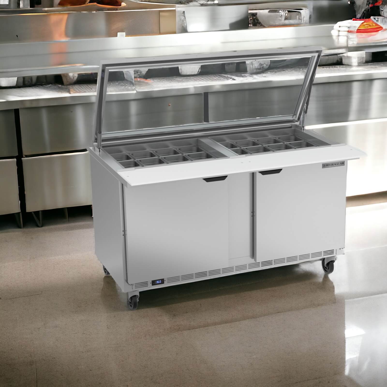 Beverage Air SPE60HC-24M-STL | 60" Wide 2 Door 24 Pan Mega Top Sandwich Prep Table