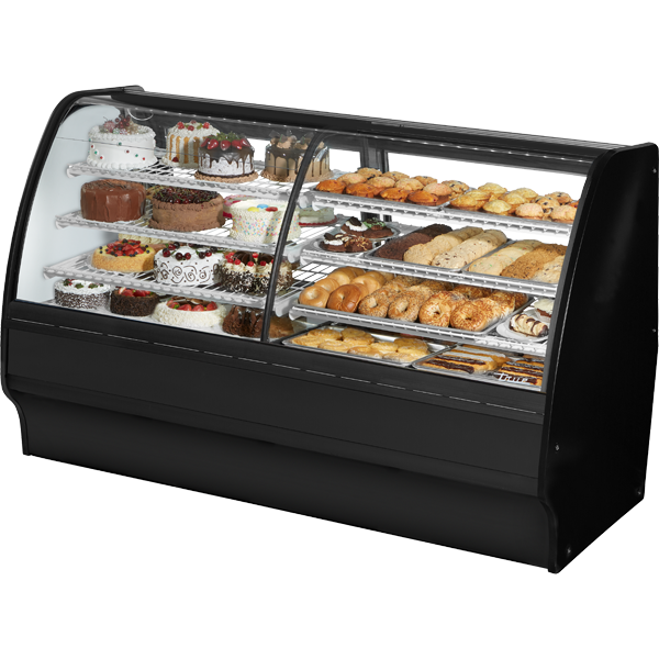 True TGM-DZ-77-SC/SC-B-W | 77" Wide Dual Zone Black Curved Glass Display Case