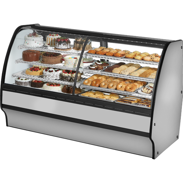 True TGM-DZ-77-SC/SC-S-W | 77" Wide Dual Zone Stainless Curved Glass Display Case