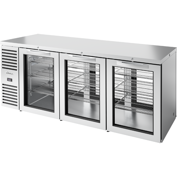 True TBR84-PTSZ1-L-S-GGG-GGG-1 | 84" Wide 6 Glass Door Black Pass-Thru Back Bar