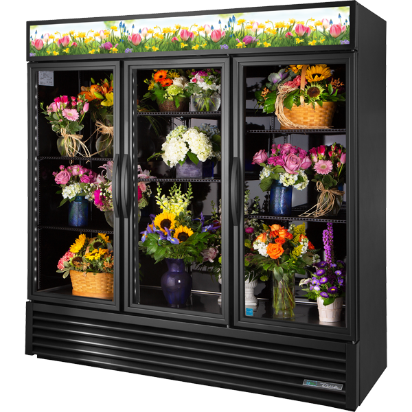 True GDM-72FC-HC~TSL01 | 78" Wide 3 Swing Door Black Merchandiser Freezer