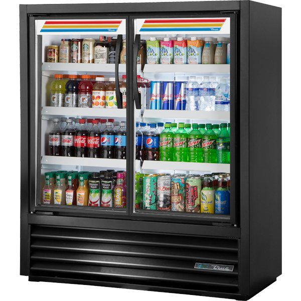 True TVM-48SL-54-HC~VM01 | 47" Wide 2 Swing Door Black Merchandiser Refrigerator