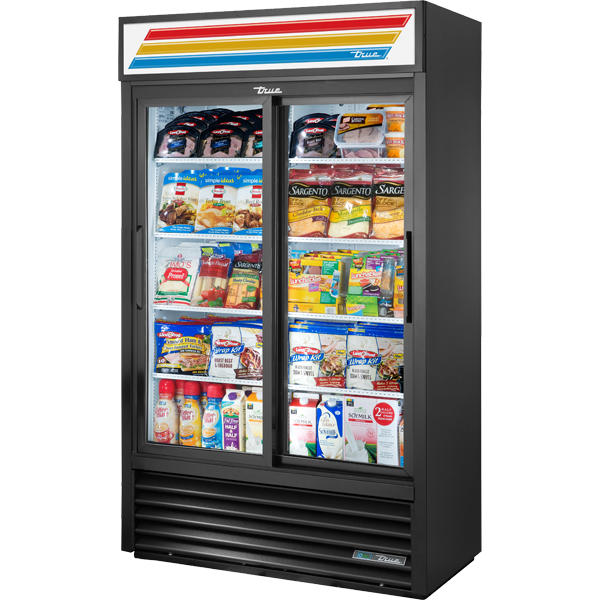True GDM-41SL-HC-LD | 47" Wide 2 Sliding Door Black Merchandiser Refrigerator
