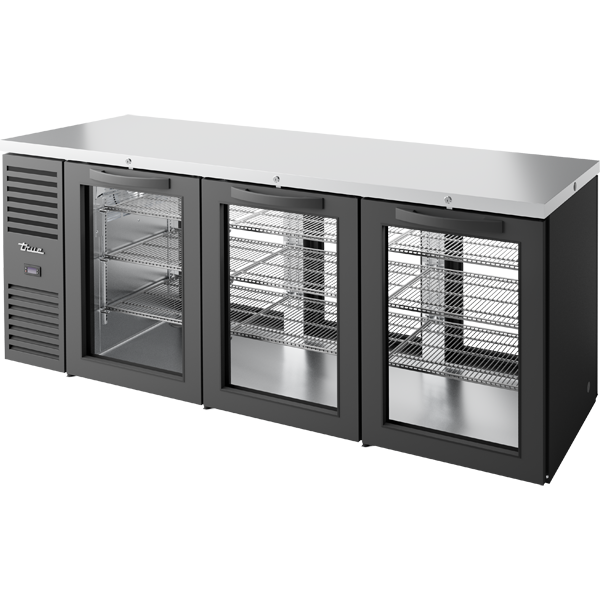 True TBR84-PTSZ1-L-B-GGG-GGG-1 | 84" Wide 6 Glass Door Stainless Steel Pass-Thru Back Bar