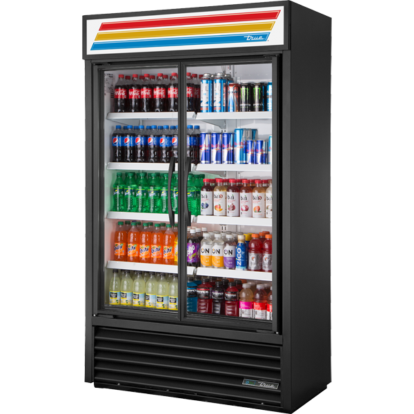 True TVM-48SL-HC~VM01 | 47" Wide 2 Swing Door Black Merchandiser Refrigerator
