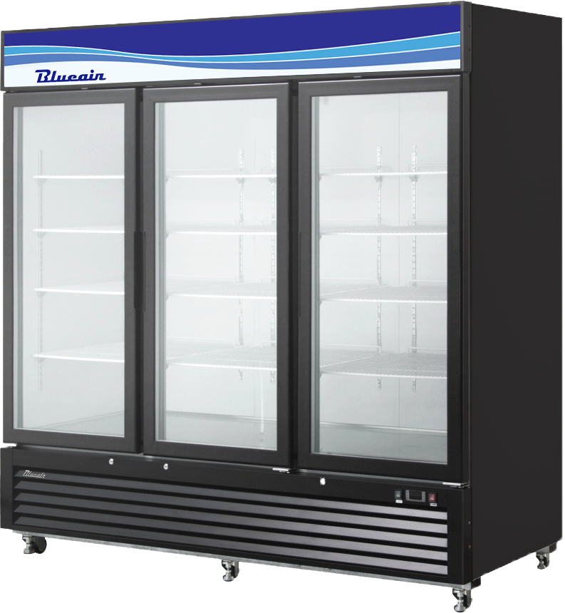 Blue Air BKGM72B-HC | 82" Wide 3 Swing Door Black Merchandiser Refrigerator
