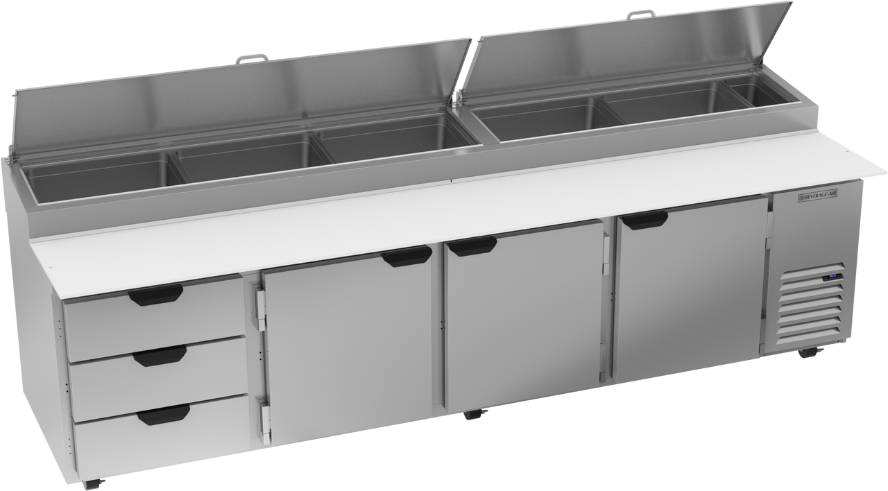 Beverage Air DPD119HC-3 | 119" Wide 3 Drawer Pizza Prep Table