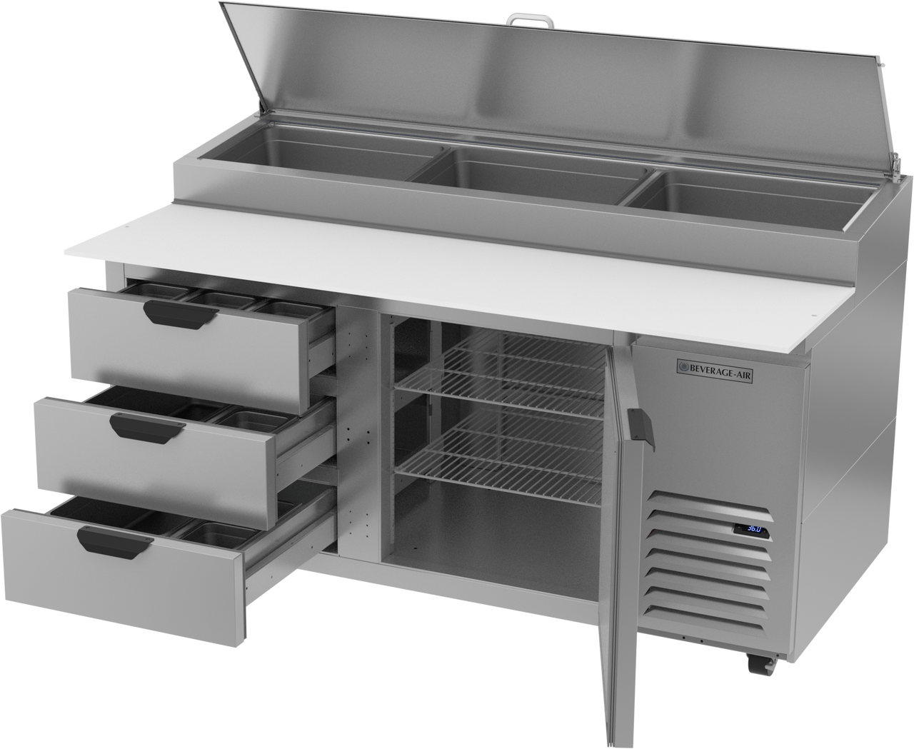 Beverage Air DPD67HC-3 | 67" Wide 3 Drawer Pizza Prep Table