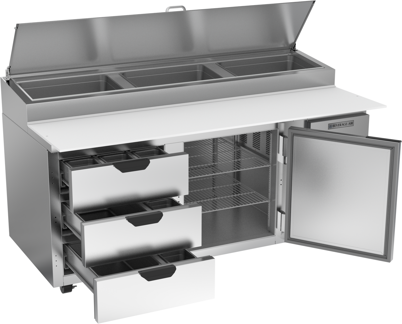 Beverage Air DPD72HC-3 | 72" Wide 3 Drawer Pizza Prep Table