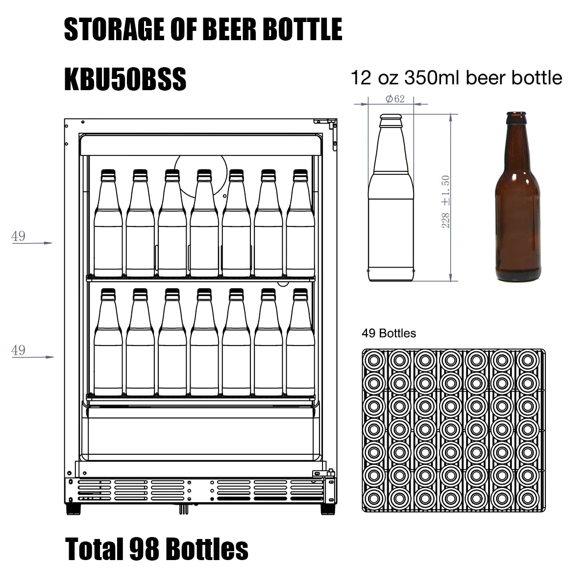 KingsBottle | 24" Wide Single Zone Undercounter 203 Can/98 Bottle Beverage Fridge