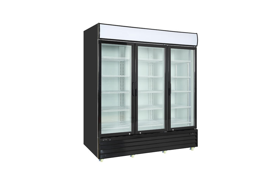 Kool-It KGM-75 | 78" Wide 3 Swing Door Black Merchandiser Refrigerator