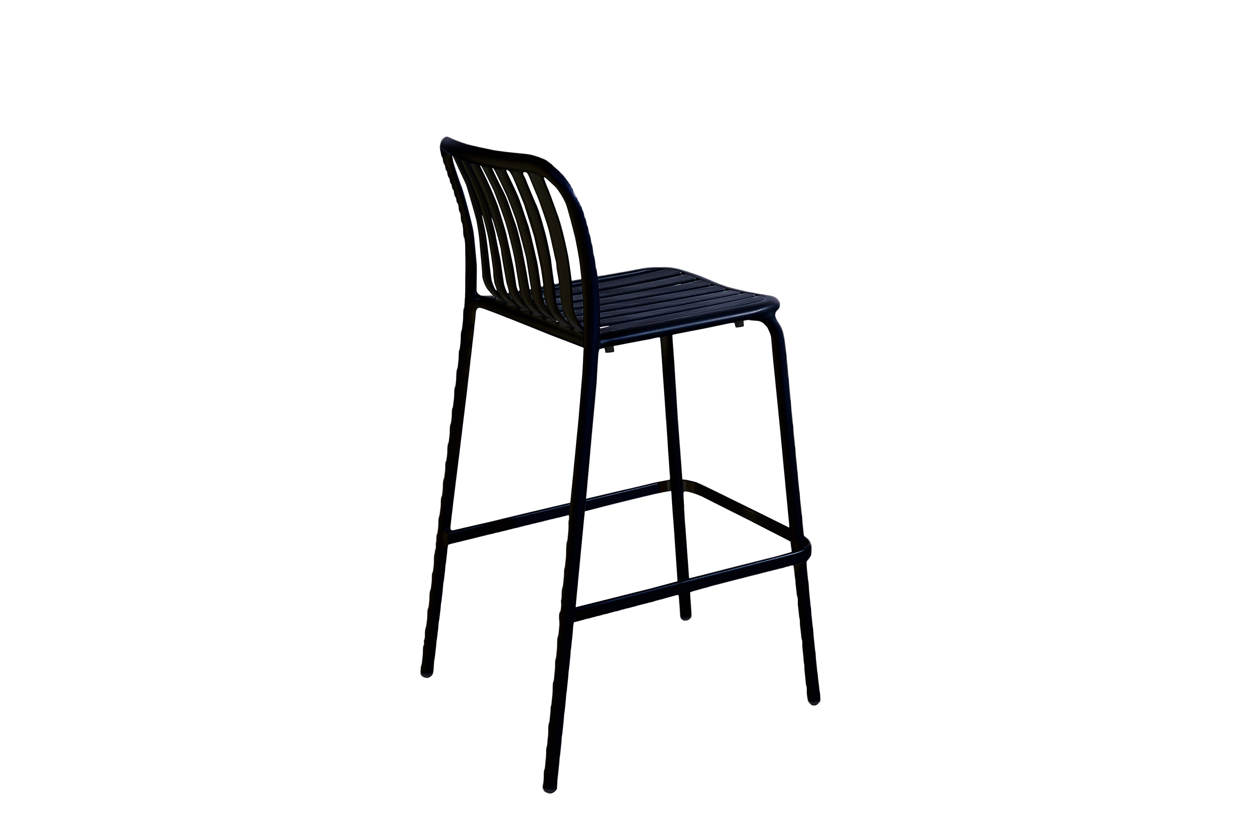 BFM Seating Key West Vertical Slat Powder-Coated Aluminum Stackable Outdoor / Indoor Bar Height Barstool