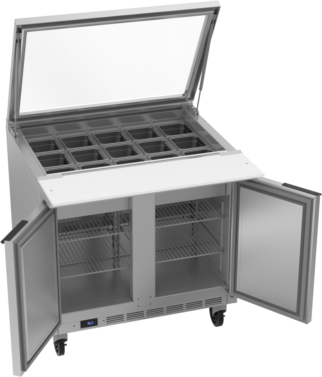 Beverage Air SPE36HC-15M-STL | 36" Wide 2 Door 15 Pan Mega Top Sandwich Prep Table