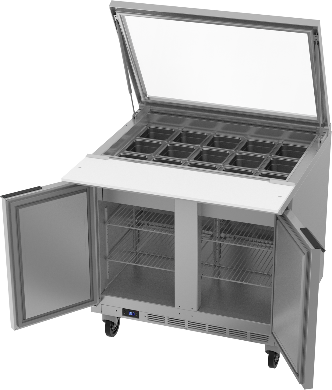 Beverage Air SPE36HC-15M-STL | 36" Wide 2 Door 15 Pan Mega Top Sandwich Prep Table