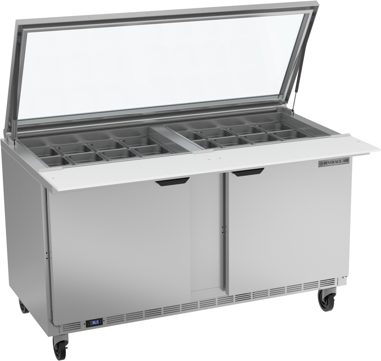 Beverage Air SPE60HC-24M-STL | 60" Wide 2 Door 24 Pan Mega Top Sandwich Prep Table