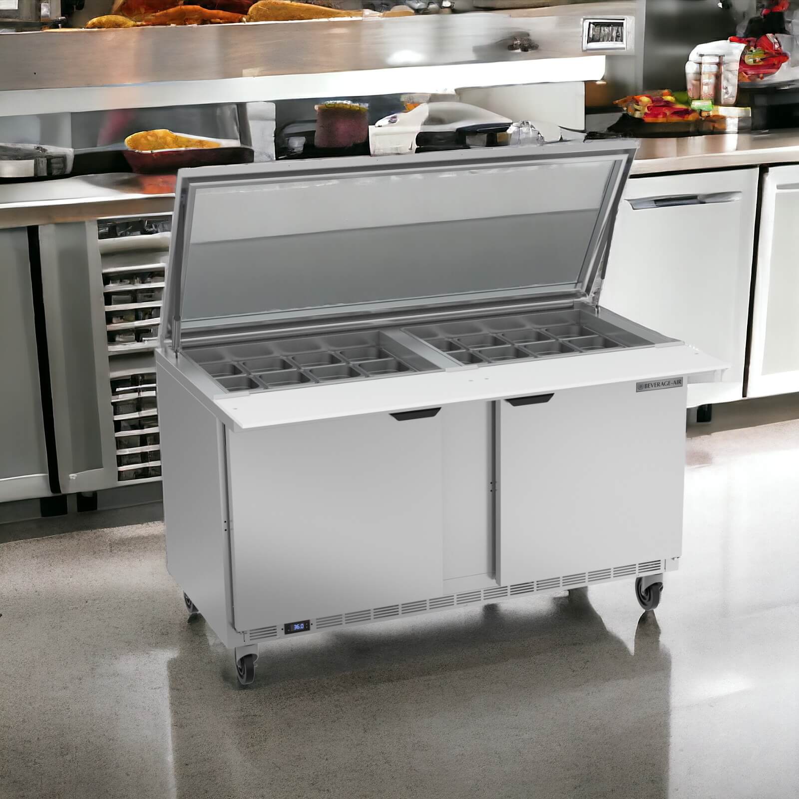 Beverage Air SPE60HC-24M-STL | 60" Wide 2 Door 24 Pan Mega Top Sandwich Prep Table