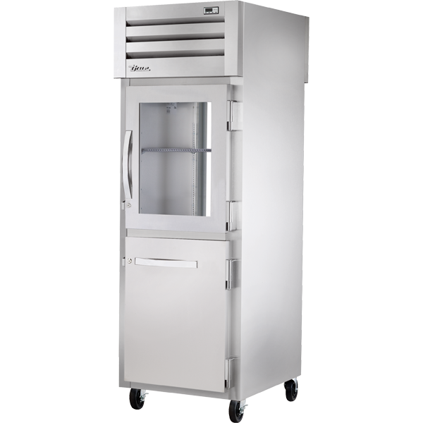 True STA1RPT-1HG/1HS-1G-HC | 28" Wide 2 Glass 1 Solid Door Top Mount Pass-Thru Refrigerator