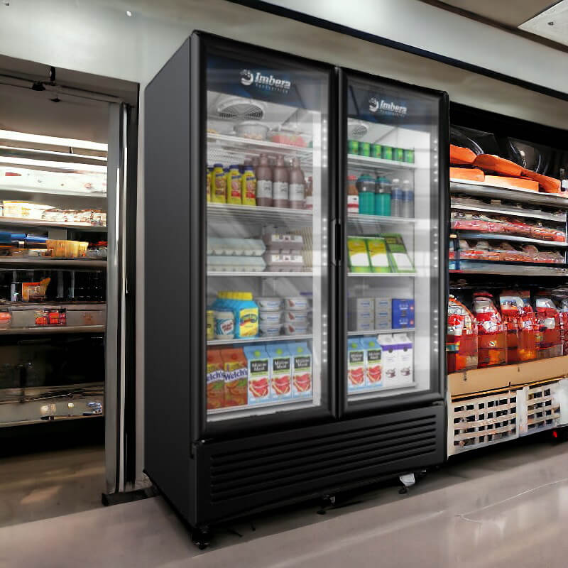 Imbera VRD43 HC BW SD | 54" Wide 2 Sliding Door Black Bottom Mount Merchandiser Refrigerator