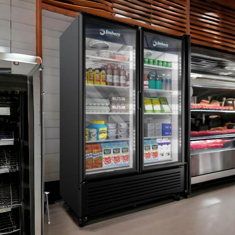 Imbera VRD43 HC BW SD | 54" Wide 2 Sliding Door Black Bottom Mount Merchandiser Refrigerator