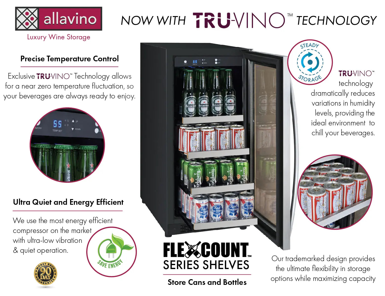 Allavino | 15" Wide Single Zone FlexCount II Tru-Vino 64 Can/28 Bottle Beverage Fridge