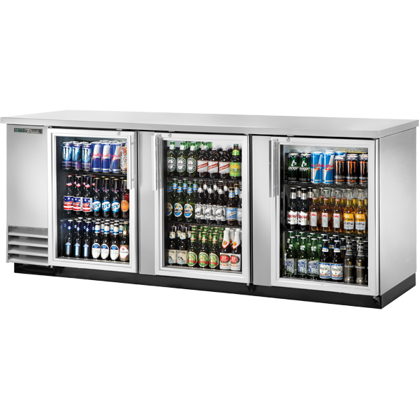 True TBB-4G-S-HC-LD | 90" Wide 3 Glass Door Stainless Steel Back Bar