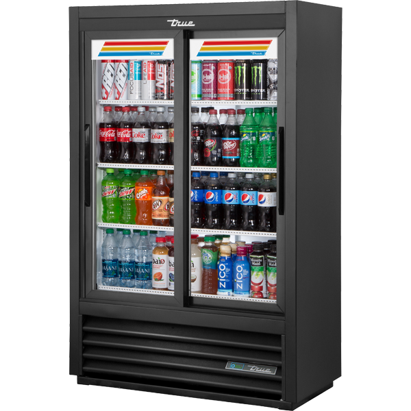 True GDM-33SSL-56-HC-LD | 36" Wide 2 Sliding Door Black Merchandiser Refrigerator