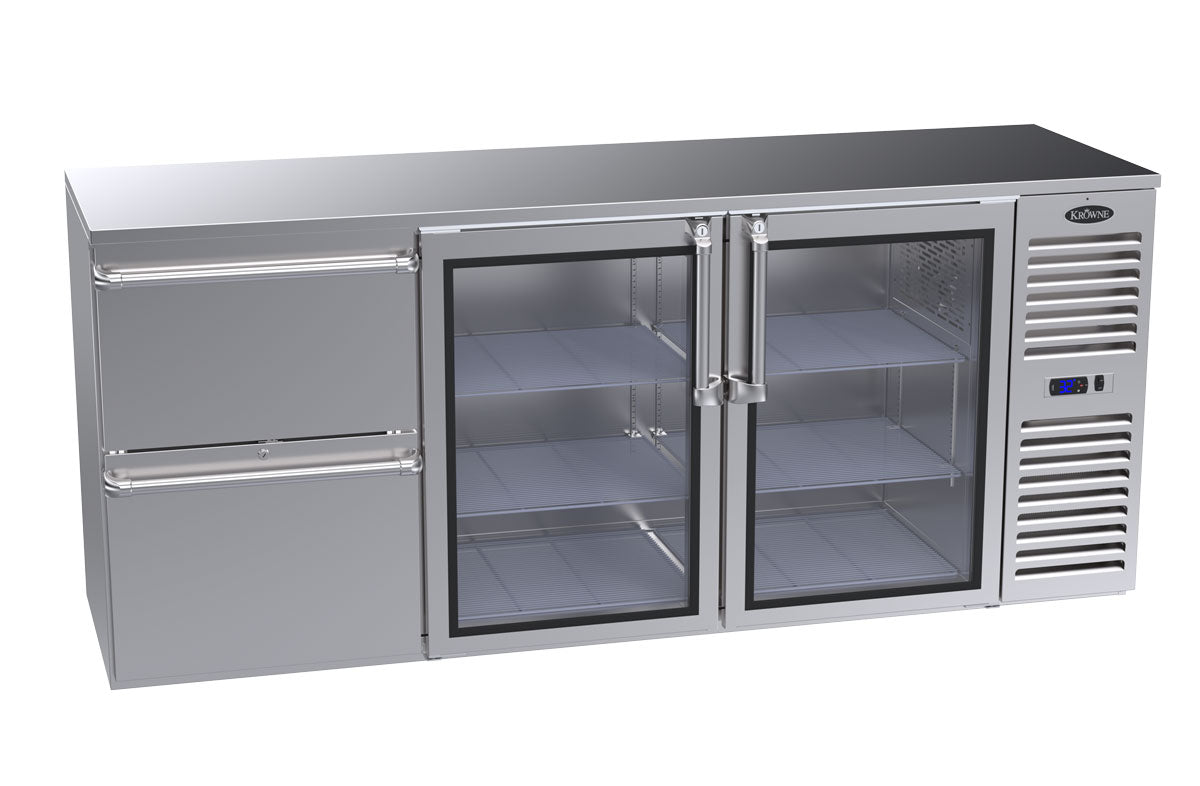Krowne | 84" Wide 2 Glass Door/2 Drawer Self Contained Stainless Steel Reach-In Back Bar