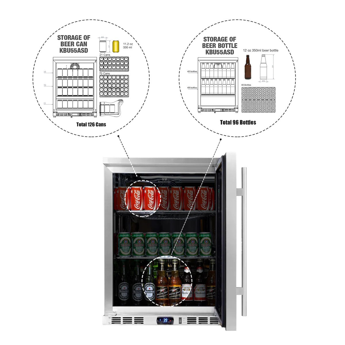 KingsBottle | 24" Wide Undercounter Stainless Steel 126 Can/96 Bottle Beverage Fridge