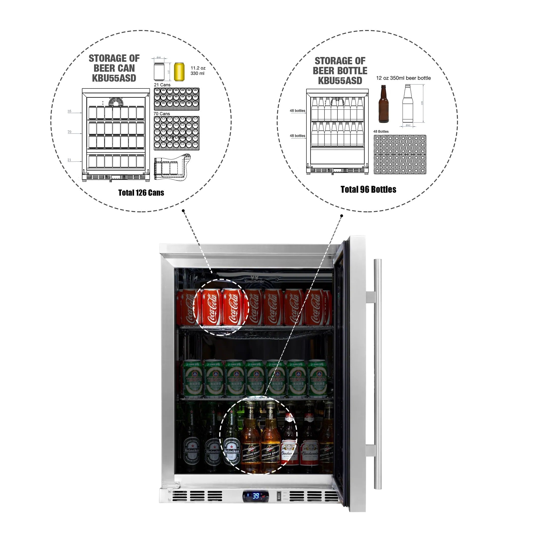 KingsBottle | 24" Wide Outdoor Stainless Steel 126 Can/96 Bottle Beverage Fridge