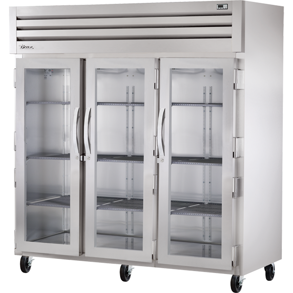 True STR3R-3G | 78" Wide 3 Glass Door Top Mount Reach-In Refrigerator