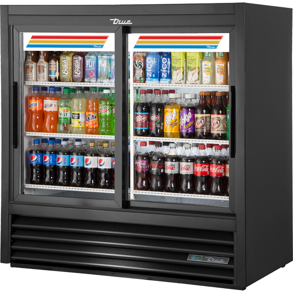 True GDM-41C-48-HC-LD | 48" Wide 2 Sliding Door Black Merchandiser Refrigerator