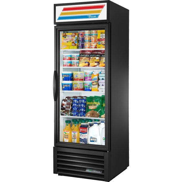 True GDM-23-HC~TSL01 | 27" Wide 1 Swing Door Black Merchandiser Refrigerator