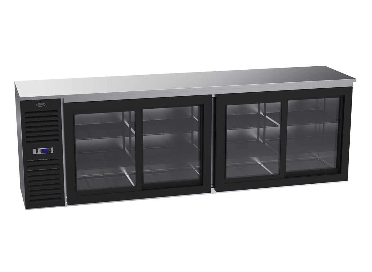 Krowne | 108" Wide 4 Glass Sliding Door Self Contained Black Reach-In Back Bar