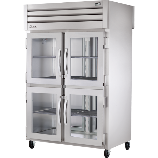 True STG2RPT-4HG-2S-HC | 53" Wide 4 Glass 2 Solid Door Top Mount Pass-Thru Refrigerator