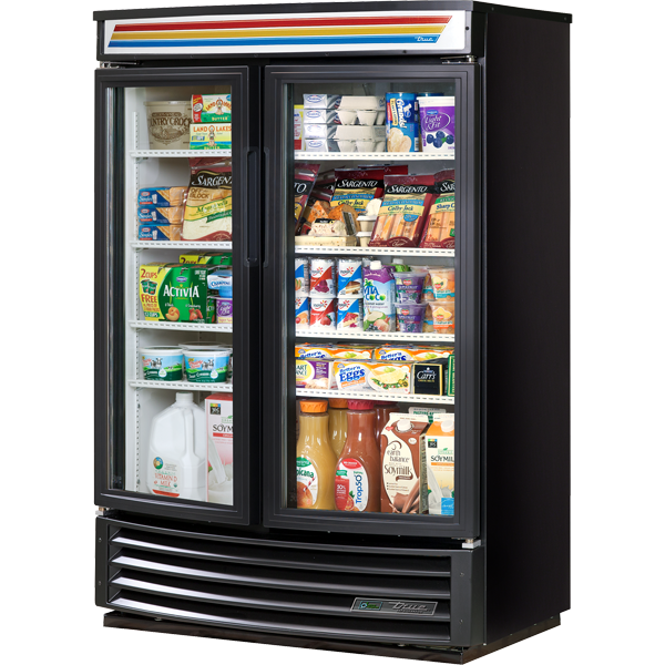 True GDM-35SL-RF-HC-LD | 40" Wide 2 Swing Door Black Merchandiser Refrigerator