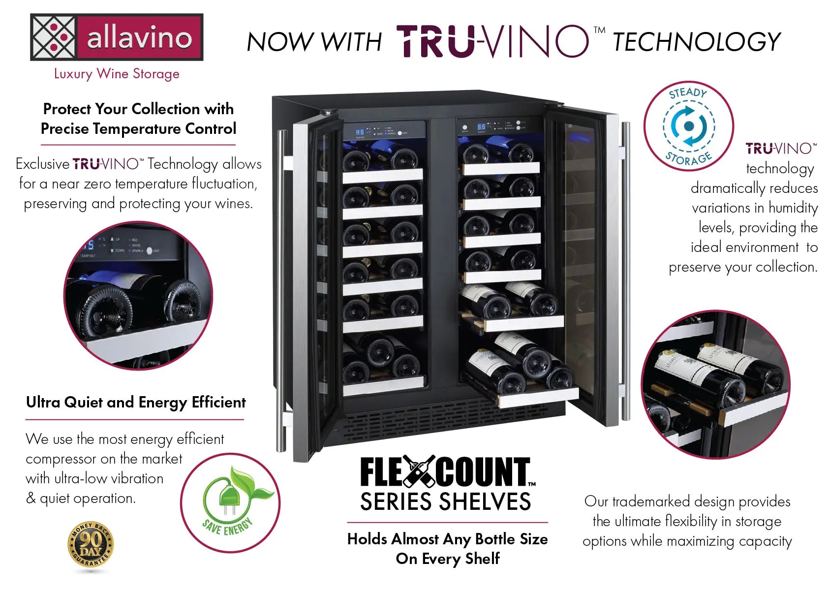 Allavino | 24" Wide Dual Zone French Door FlexCount II Tru-Vino 36 Bottle Wine Cooler