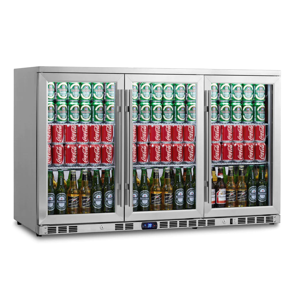 KingsBottle KBU328M | 53" Wide 3 Glass Door Stainless Steel 324 Can/190 Bottle Beverage Refrigerator