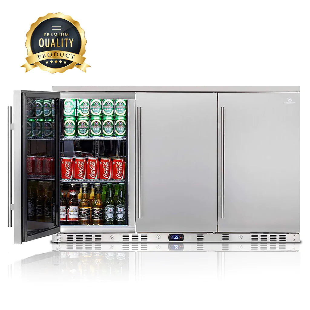 KingsBottle KBU328ASD | 53" Wide 3 Solid Door Outdoor 324 Can/190 Bottle Beverage Refrigerator