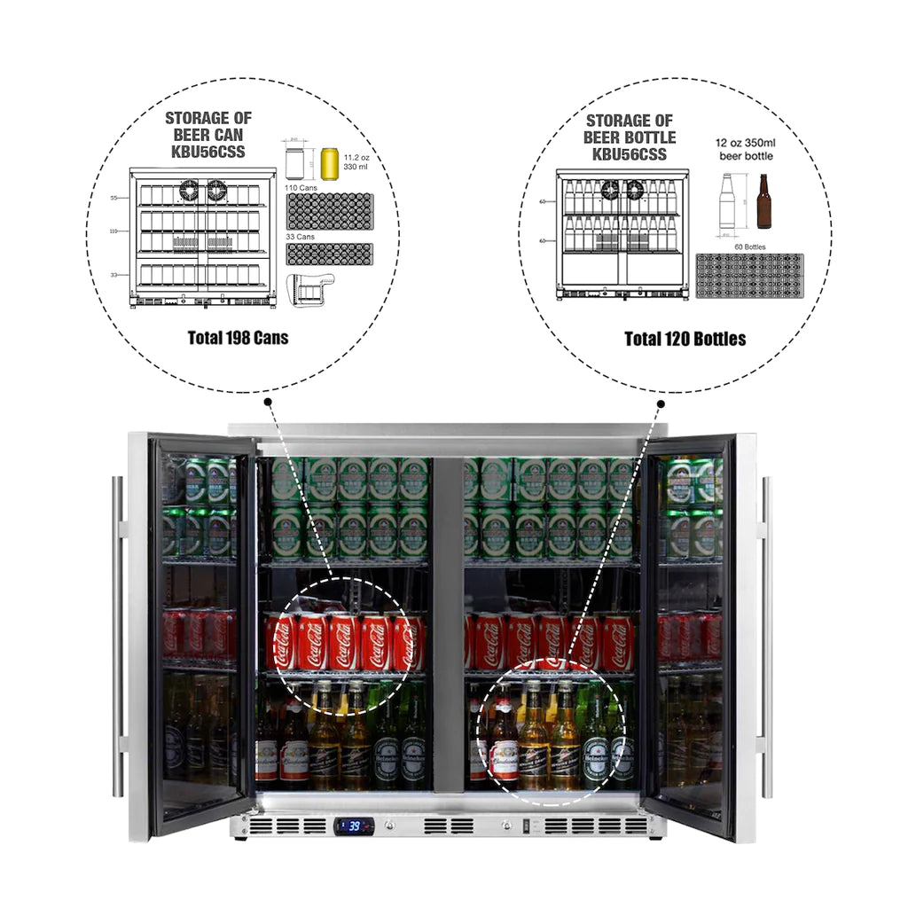 KingsBottle KBU56M | 36" Wide Single Zone Low E-Glass 198 Can/120 Bottle Beverage Fridge