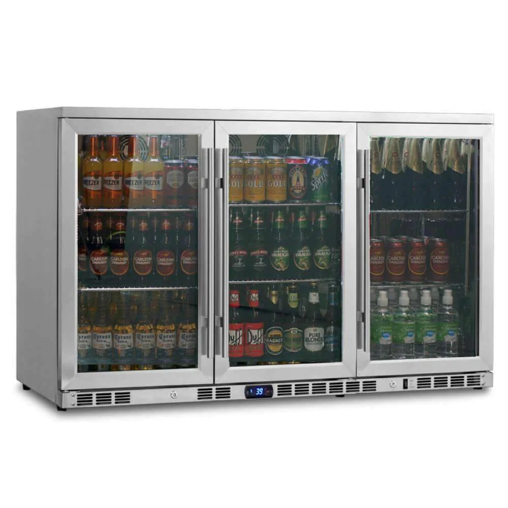 KingsBottle KBU328M | 53" Wide 3 Glass Door Stainless Steel 324 Can/190 Bottle Beverage Refrigerator